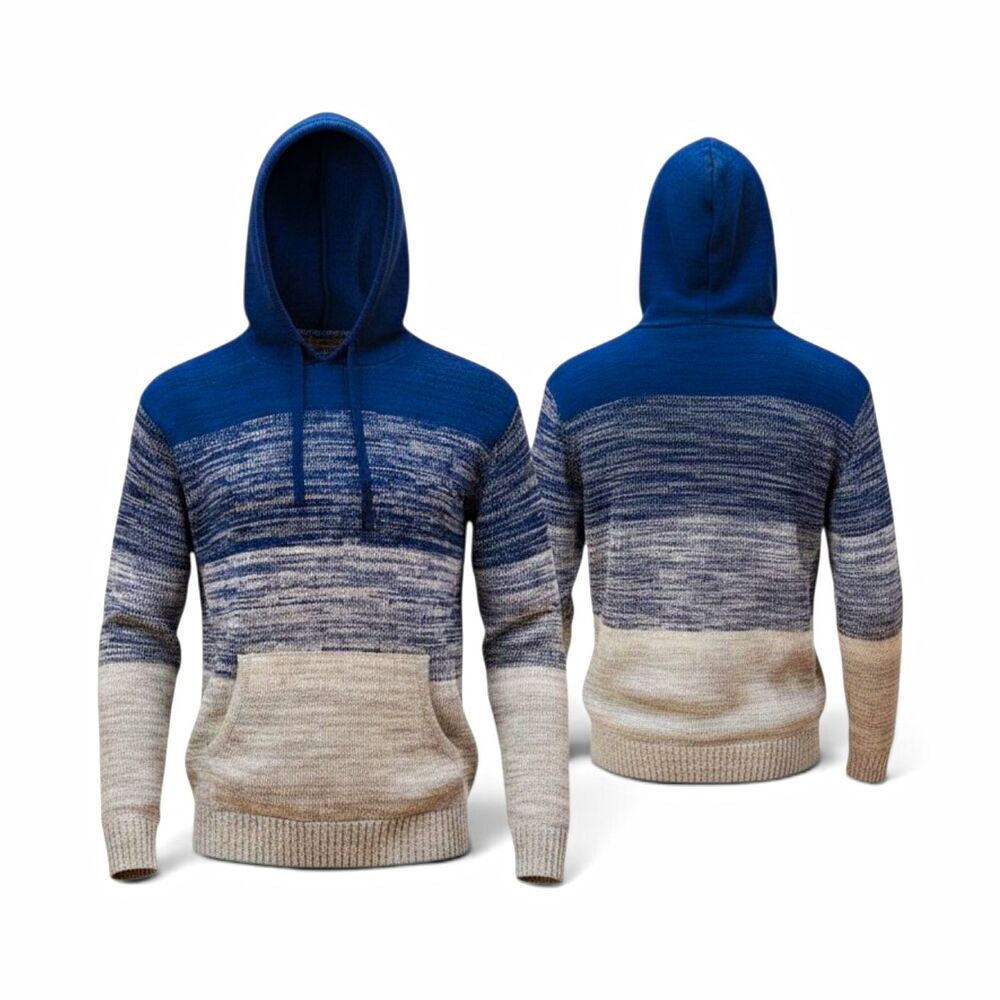 Retrofit Men's Hooded Pullover Knit Sweater Striped Blue Gray Beige XL